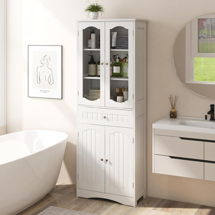 Giantex 63" Tall Bathroom Cabinet, Pantry Cabinet with Tempered Glass Doors, Adjustable Shelves &amp; Large Drawer
