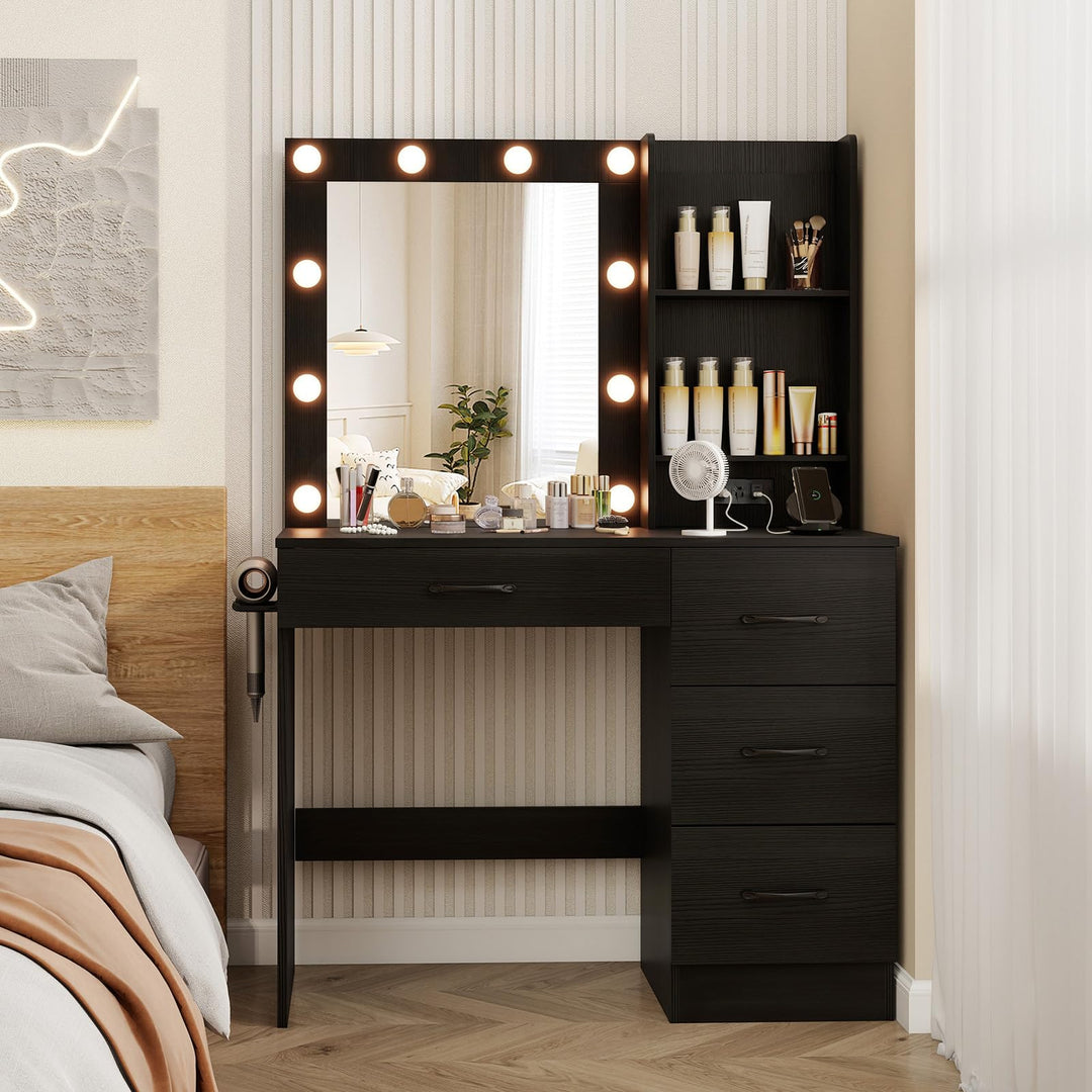CHARMAID Vanity Desk with Mirror and Lights, Black Makeup Vanity Desk with 4 Large Drawers