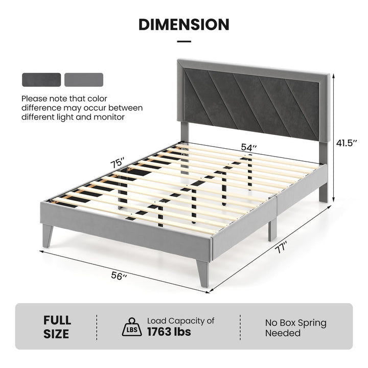 Giantex Full Size Velvet Bed Frame with Headboard, Modern Upholstered Platform Bed, No Box Spring Needed, Black &amp; Gray