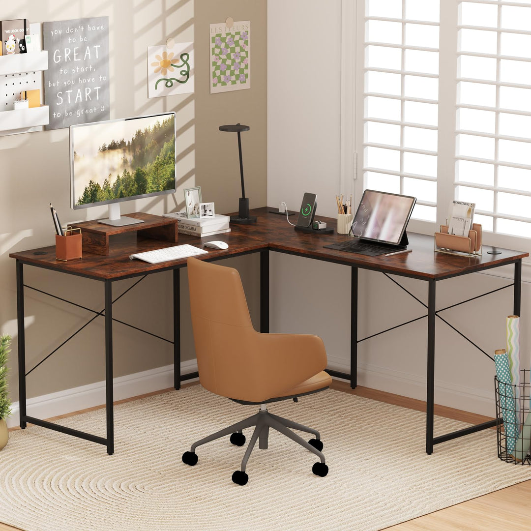 59 Inch Reversible Corner Desk with Power Outlet and USB Ports &amp; Monitor Stand