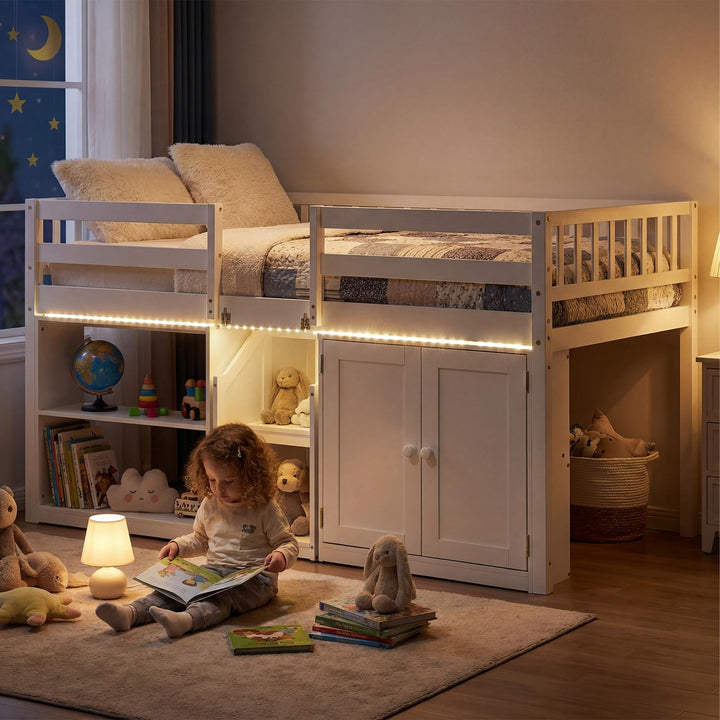 Giantex Low Loft Bed Twin Size with LED Lights, Wooden Bed Frame