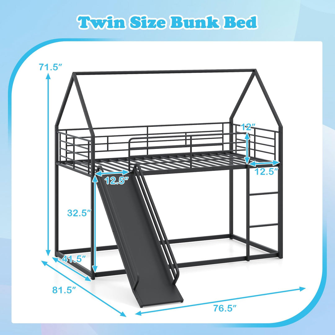 Giantex Twin Over Twin Bunk Bed with Slide &amp; Ladder House-Shaped Metal Bunk Bed Frame with Safety Guardrail &amp; Roof