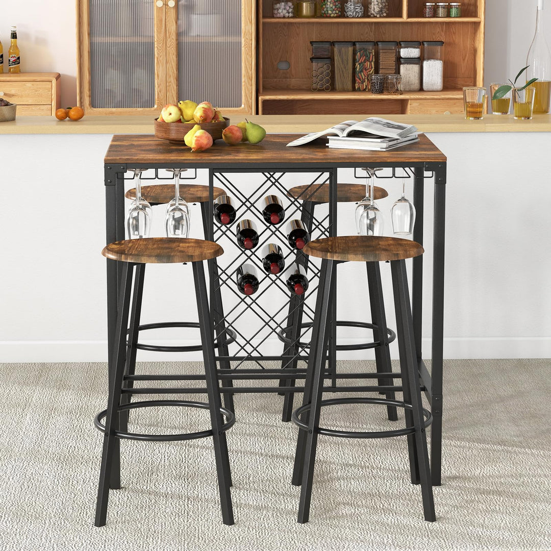 Giantex 5 Pieces Bar Table and Stools Set - Bar Height Table with Stools for 4, Kitchen Table Set with Wine Rack &amp; Glass Holder