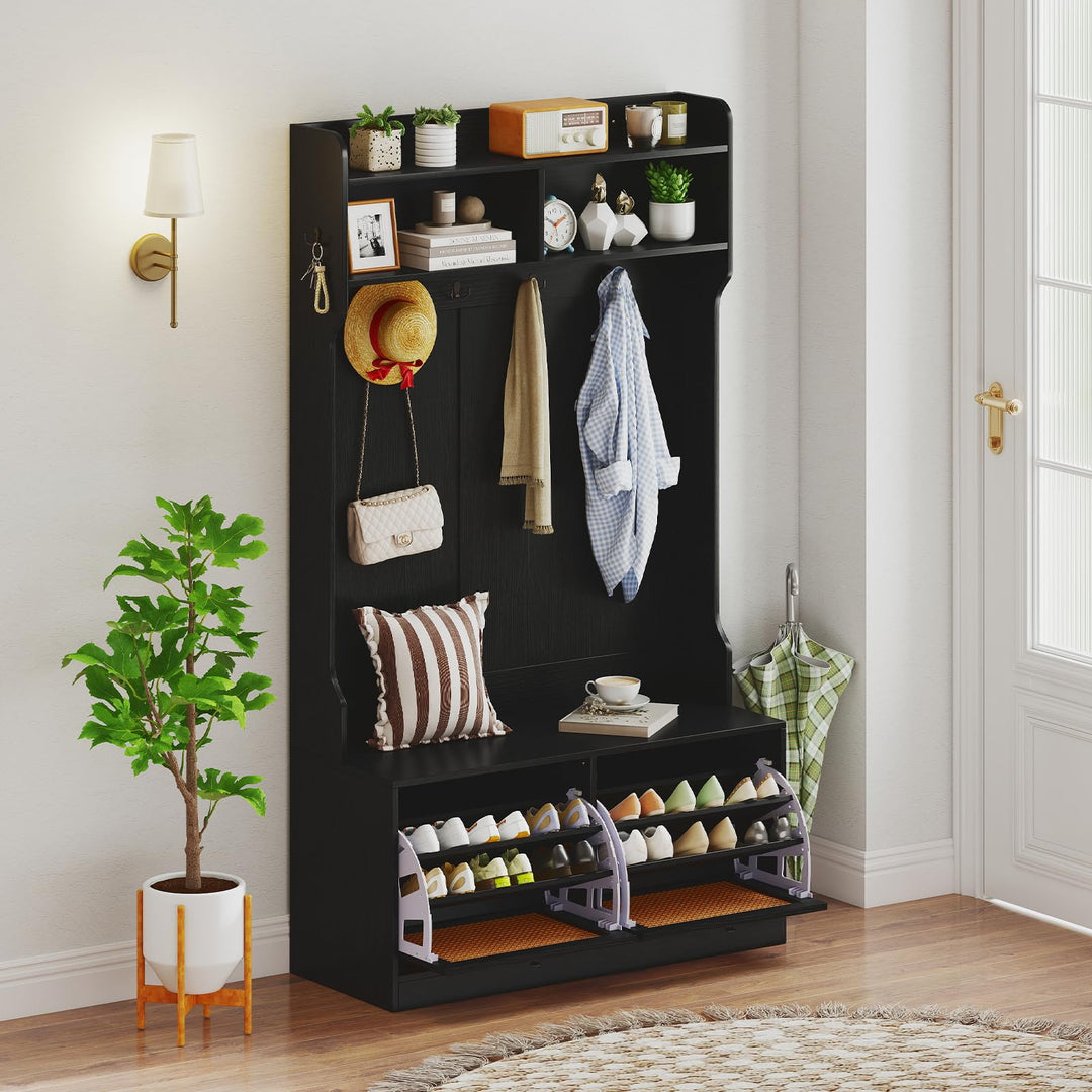 Giantex 4-In-1 Hall Tree Entryway Bench with Coat Rack &amp; Flip Drawers