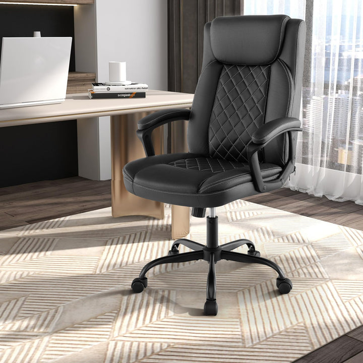 Giantex Executive Office Chair, Leather Like Desk Chair with Thick Headrest Cushion &amp; Padded Armrests, Black