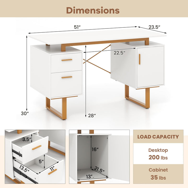 Giantex Computer Desk with Drawers &amp; Cabinet, 51” Long Home Office Desk with Floating Desktop &amp; Metal Frame