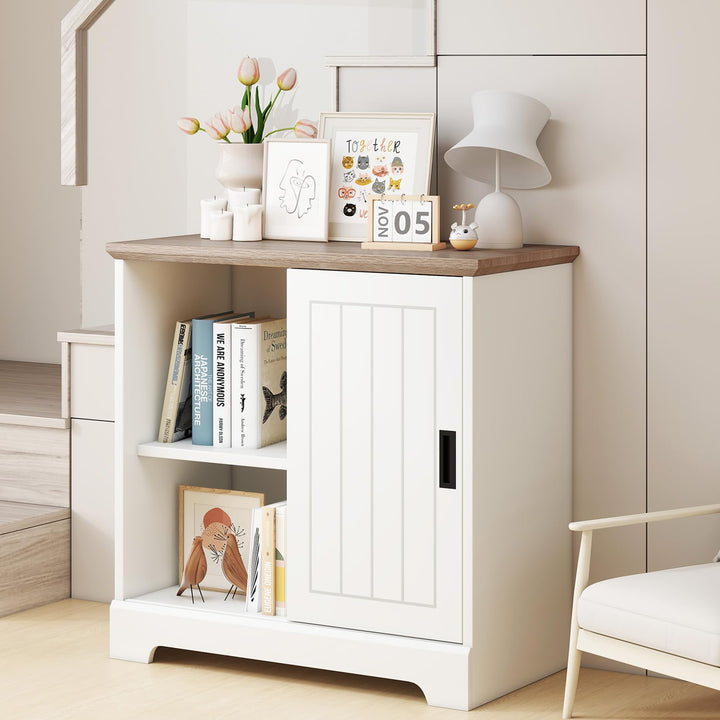 Giantex Small Sideboard Buffet Cabinet Farmhouse Kitchen Storage Cabinet with Fluted Sliding Door