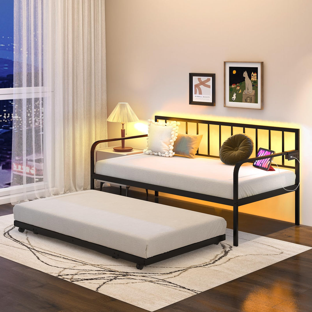 Giantex Twin Daybed with Trundle, Metal Day Bed with Charging Station &amp; LED Lights