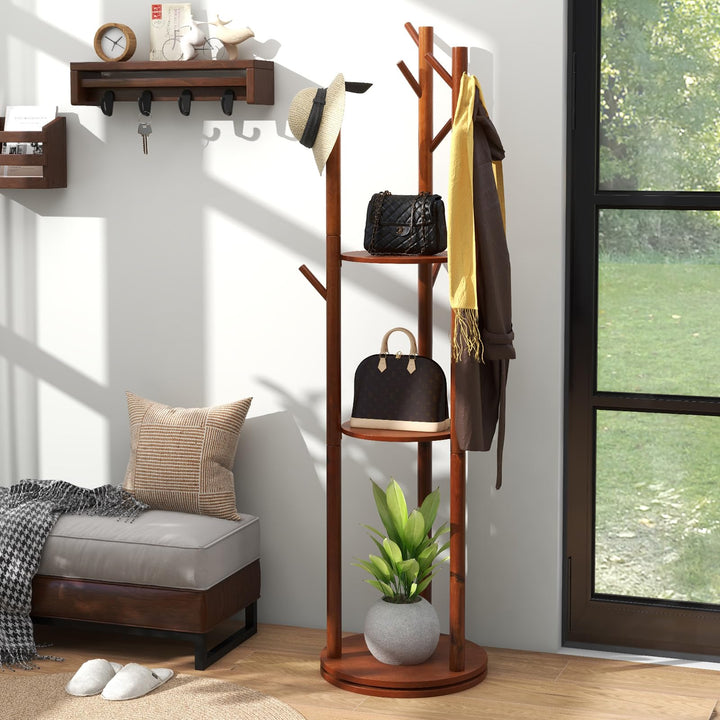 Giantex Coat Rack Freestanding, Wooden Rotary Coat Tree w/ 3 Display Storage Shelves &amp; 9 Hooks