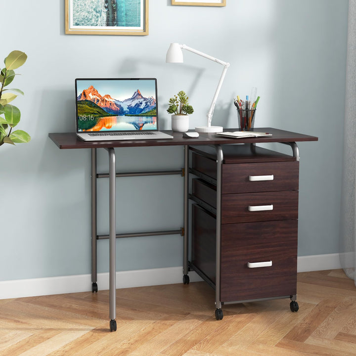 Giantex Folding Desk for Small Space, Rolling Home Office Desk with 3 Drawers &amp; Lockable Universal Wheels