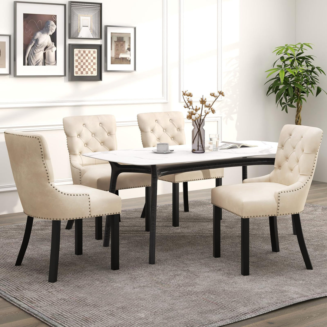 Gianex Upholstered Dining Chairs Set, Wood Wingback Accent Chairs w/Rubber Wood Legs &amp; Nailhead Button Tufted Back