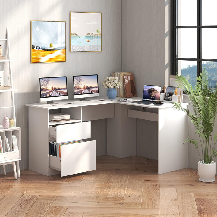 Giantex L Shaped Computer Desk with Drawers, 59" Corner Desk Workstation with Storage Shelf &amp; Cable Holes