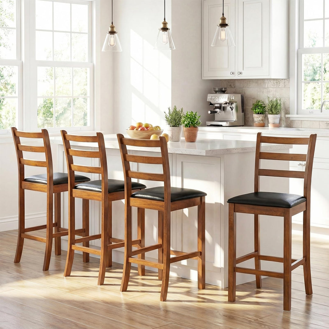 Giantex 24" Ladder Back Wood Counter Bar Stools Set of 2/4 Padded Faux Leather Upholstered Seat &amp; Footrest