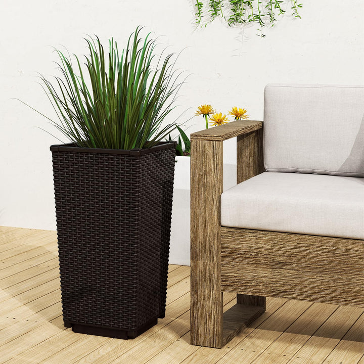 Giantex Set of 2 Outdoor Wicker Flower Pot, 23 Inch Tall Planters with Drainage Hole, Self-Watering Tray