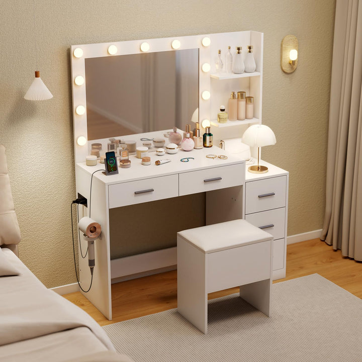 Vanity Desk with Mirror and Lights with Charging Station