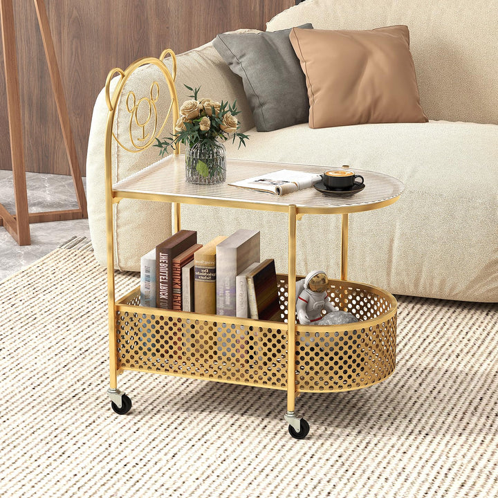 Giantex Mobile Glass Coffee Table, 2-Tier Modern Cocktail Table with Bear Pattern, Storage Basket &amp; Metal Frame