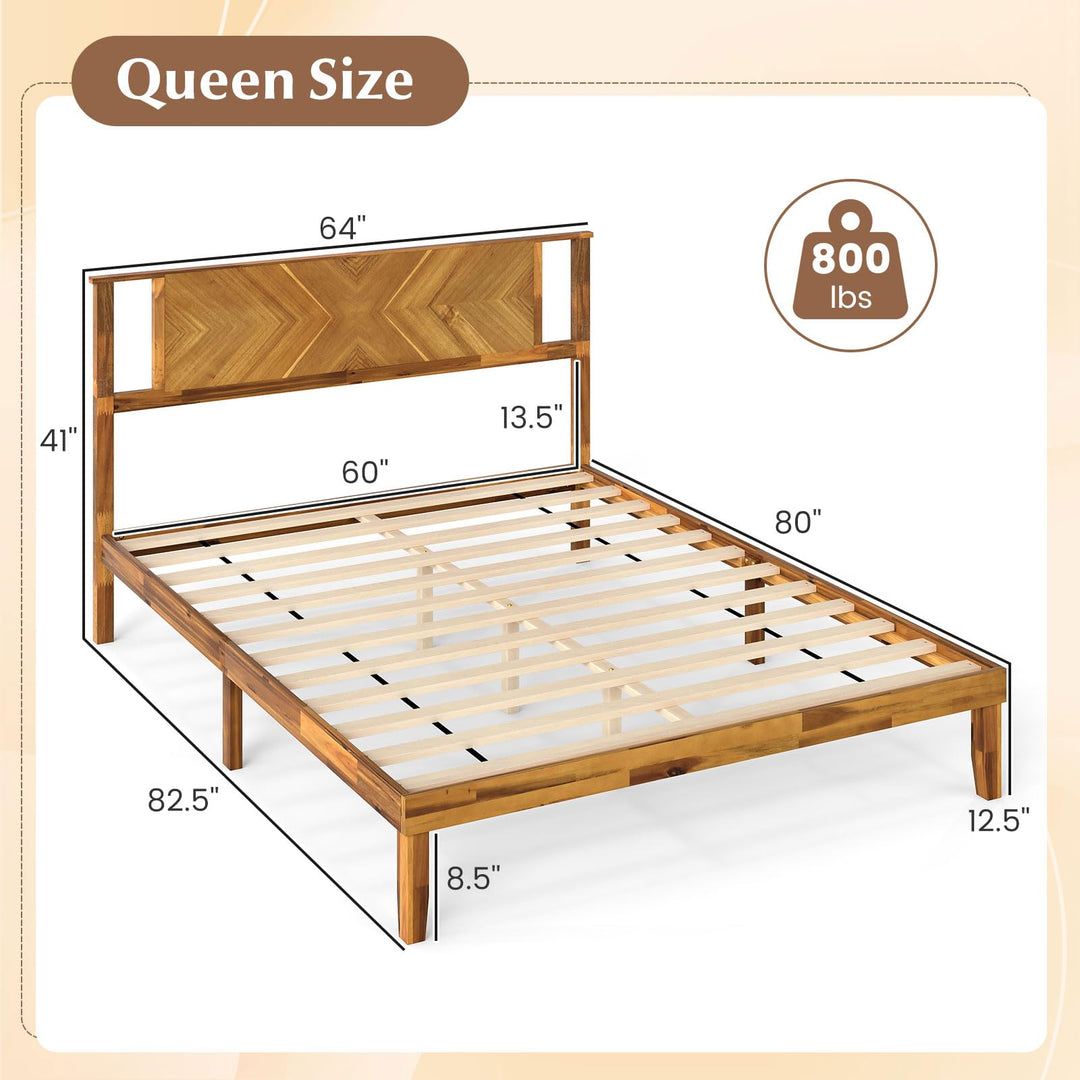 Giantex Queen/Full/Twin Size Acacia Wood Platform Bed Frame Mid-Century Modern Bed Frame with Headboard