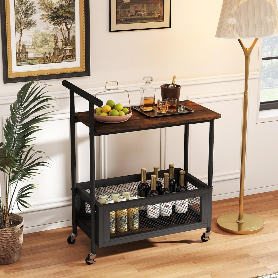 Giantex Rolling End Table with Handle 2-Tier Sofa Side Table with Open Shelf &amp; Mesh Basket