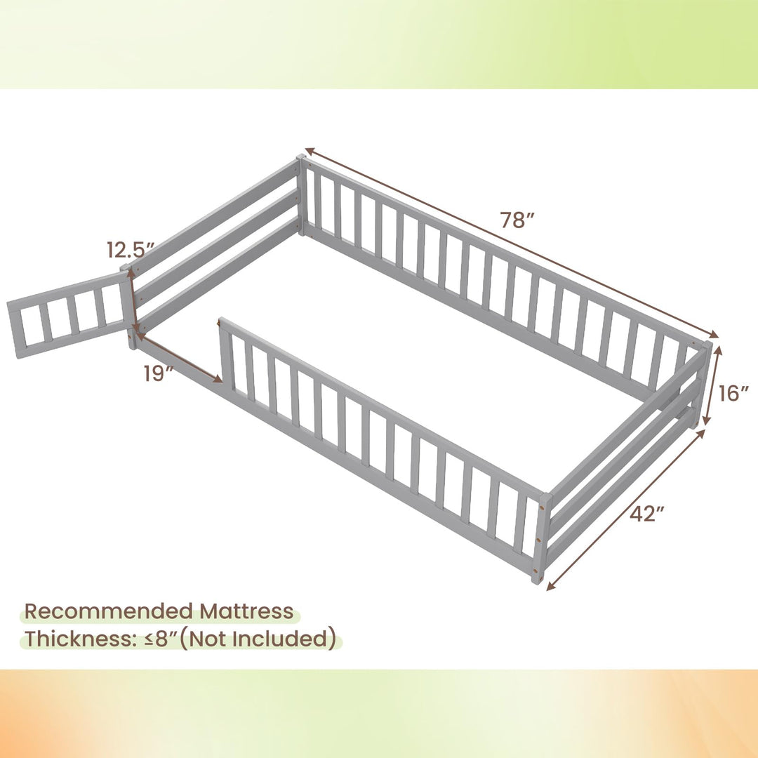 Giantex Twin Floor Bed with Door &amp; Fence, Kids Wood Montessori Bed with Safety Guardrails