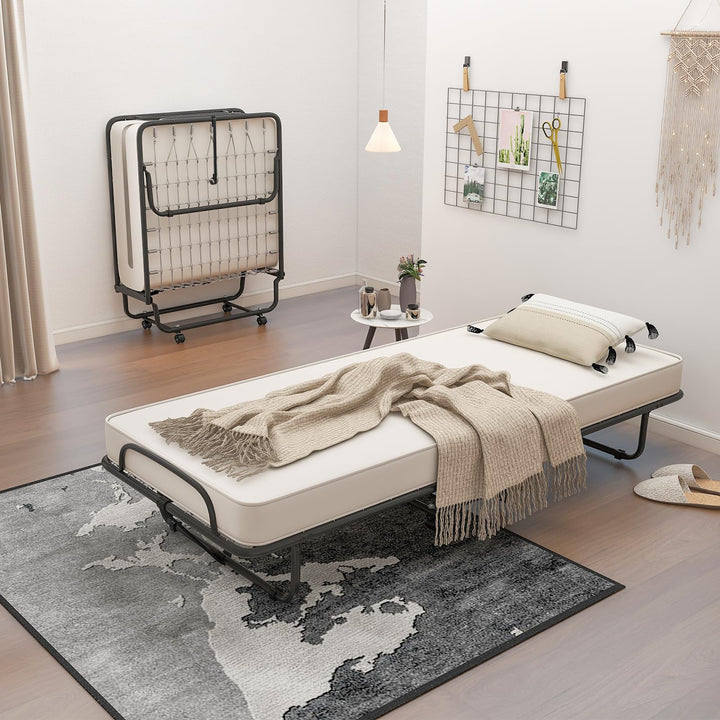 Giantex Folding Bed with Mattress for Adults, 75" x 31" Cot Size Portable Rollaway Bed with Sturdy Metal Frame