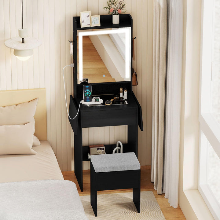 CHARMAID Compact Vanity Desk with Lighted Mirror &amp; Charging Station