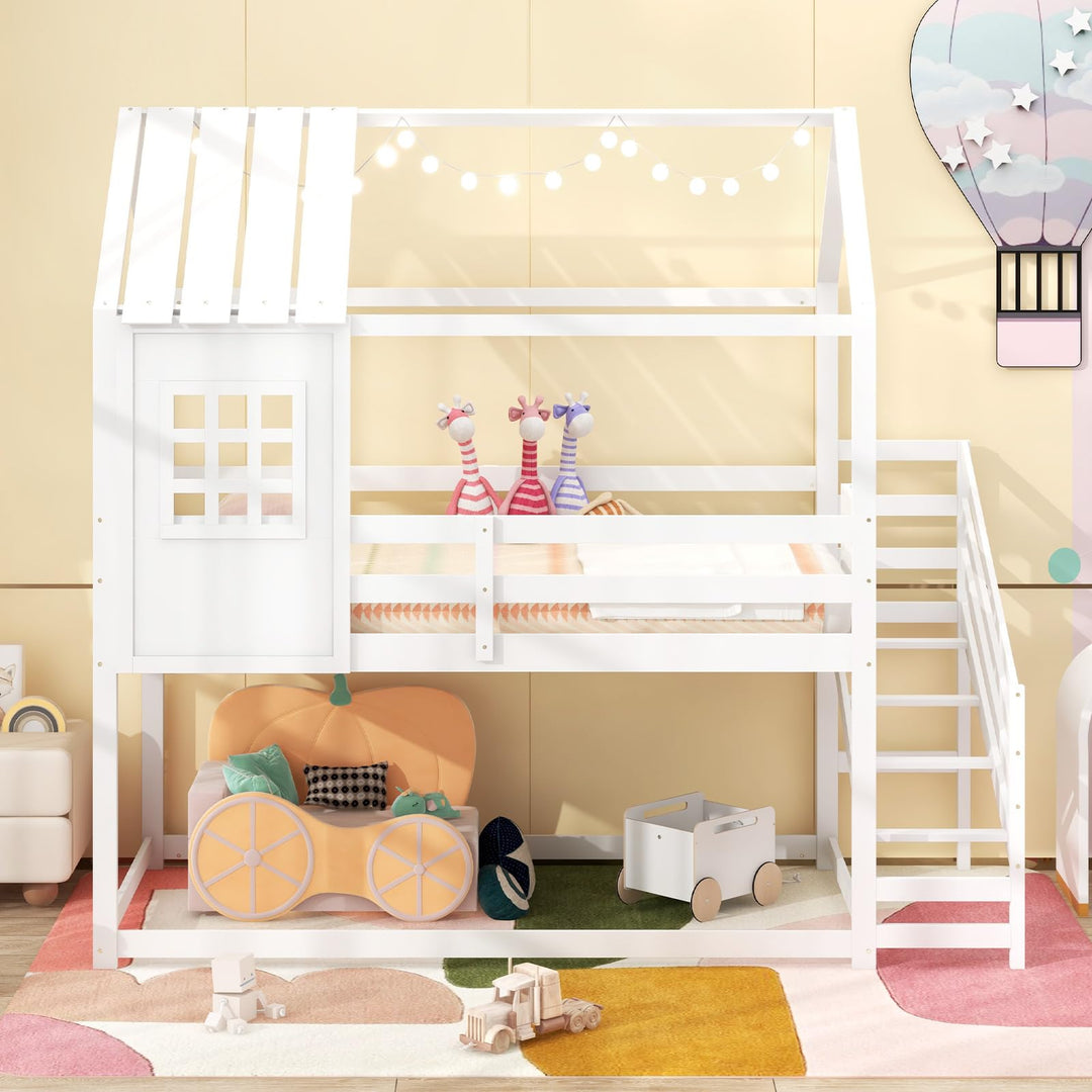 Giantex Twin Bunk Beds with Stairs, Floor House Bed with Roof &amp; Window