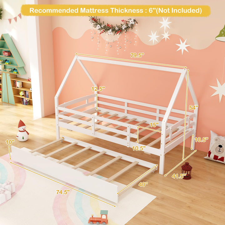 Giantex Twin House Bed with Trundle, Wood Kids Bed Frame with Roof &amp; Fence Rails