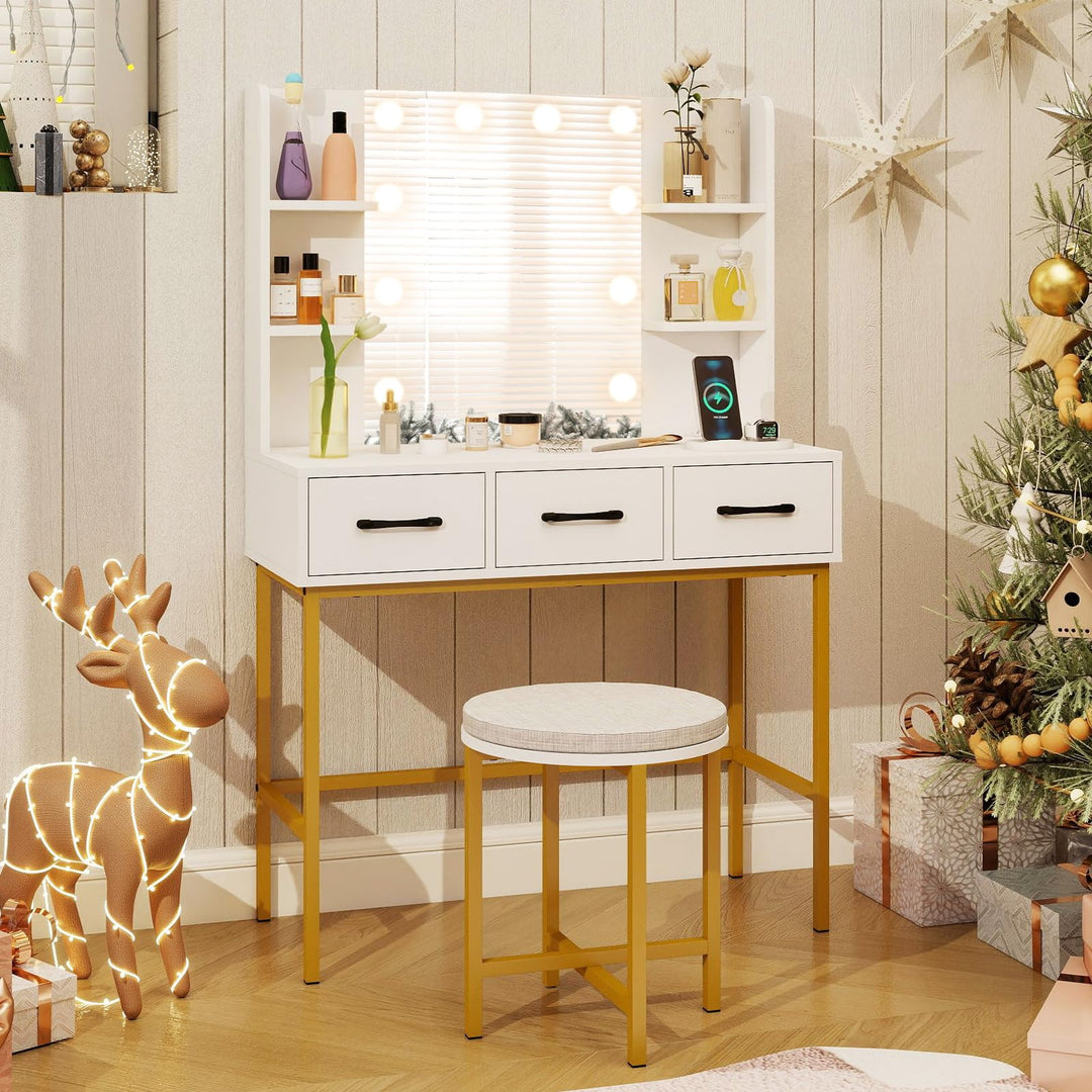 CHARMAID Makeup Vanity Desk with Lighted Mirror &amp; Charging Station