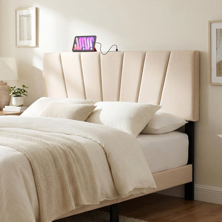 Giantex Geometric Upholstered Head Board with USB &amp; Type-C Ports