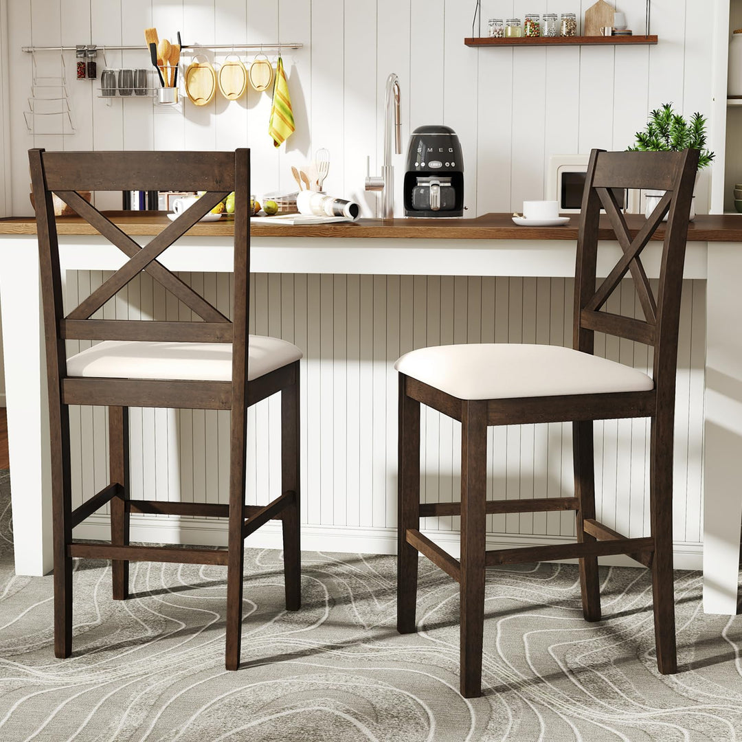 Giantex 24" Farmhouse Bar Stools | Cross Back Counter Height Chairs with Padded Linen Upholstered Seat (2/4)