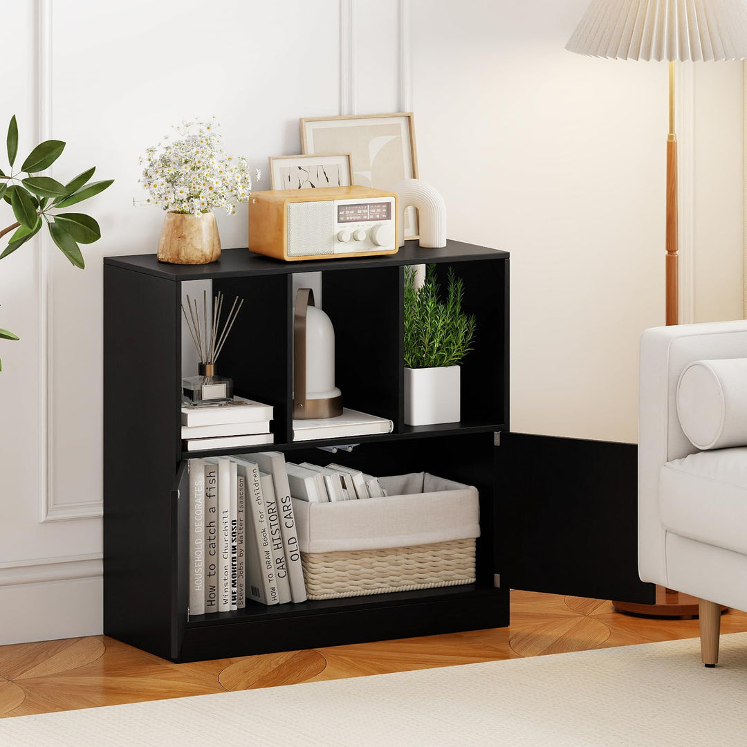 Giantex 3-Cube Bookcase with Doors | 3-Tier Cubic Bookshelf w/Open Compartments &amp; Cabinet