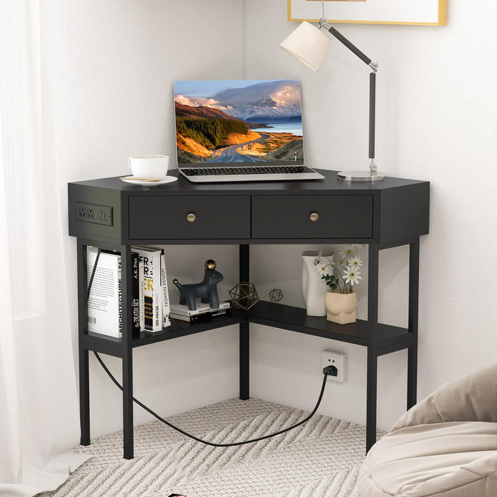 Giantex Corner Desk with Charging Station, 90 Degree Triangle Computer Desk with 2 Drawers &amp; Storage Shelf