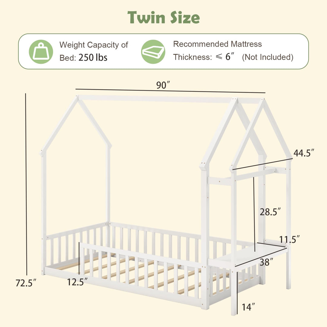 Giantex Twin House Floor Bed, Solid Wood Montessori Floor Bed with Detachable Storage Shelf &amp; Clothes Hanger