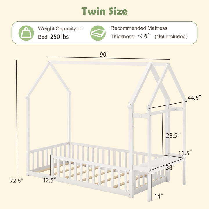 Giantex Twin House Floor Bed, Solid Wood Montessori Floor Bed with Detachable Storage Shelf &amp; Clothes Hanger