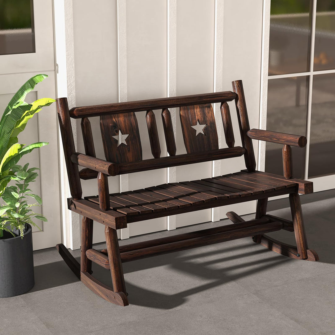 Giantex Outdoor Rocking Bench, Patio Loveseat Rocker for 2 w/Ergonomic Back &amp; Log Arms, Carbonized Fir Wood Frame