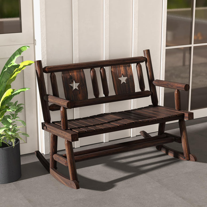 Giantex Outdoor Rocking Bench, Patio Loveseat Rocker for 2 w/Ergonomic Back &amp; Log Arms, Carbonized Fir Wood Frame