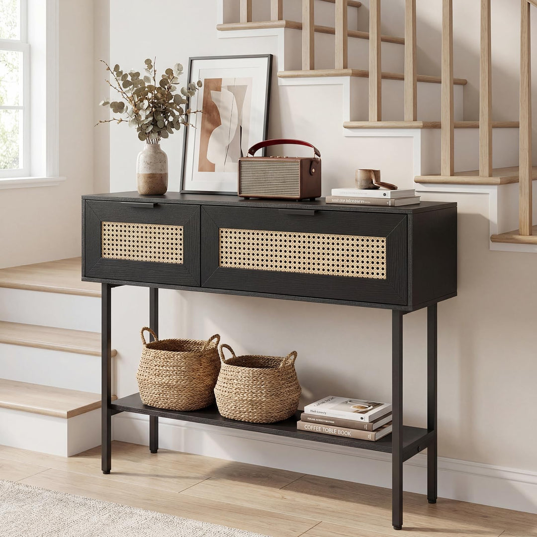 Giantex Rattan Console Table Boho Entryway Table with 2 Storage Cabinets