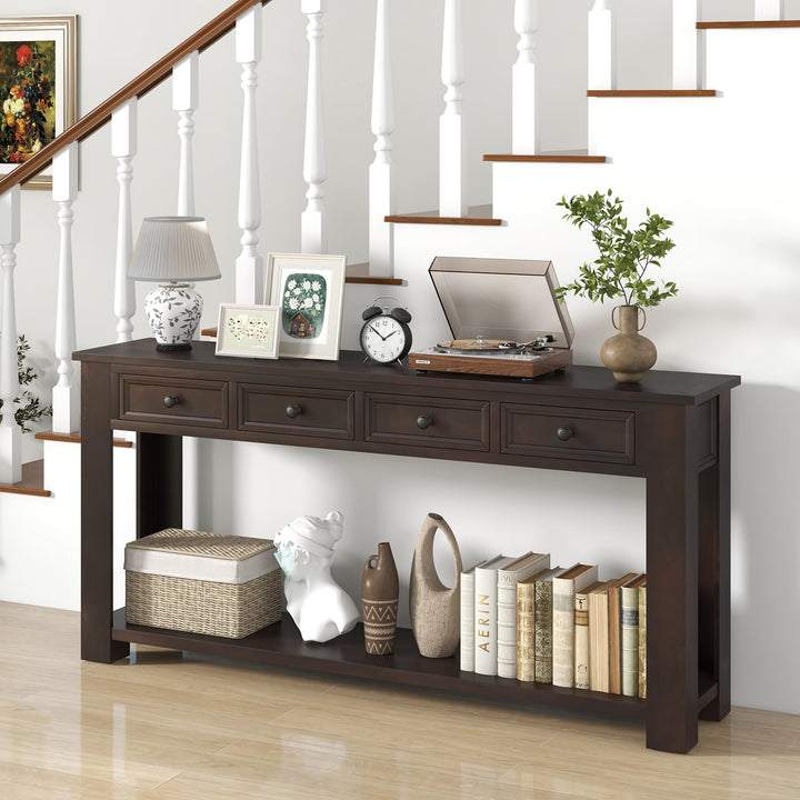 Giantex 63" Farmhouse Entryway Table, Narrow Console Table w/ 4 Storage Drawers &amp; Open Shelf