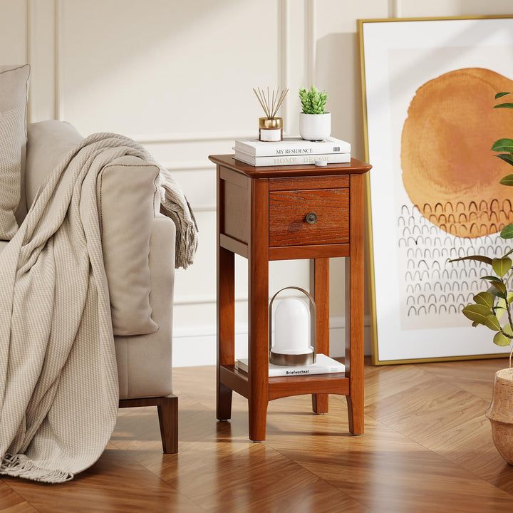Giantex Narrow End Table with Drawer 23.5" H Side Table w/Open Storage Shelf &amp; Solid Wood Frame