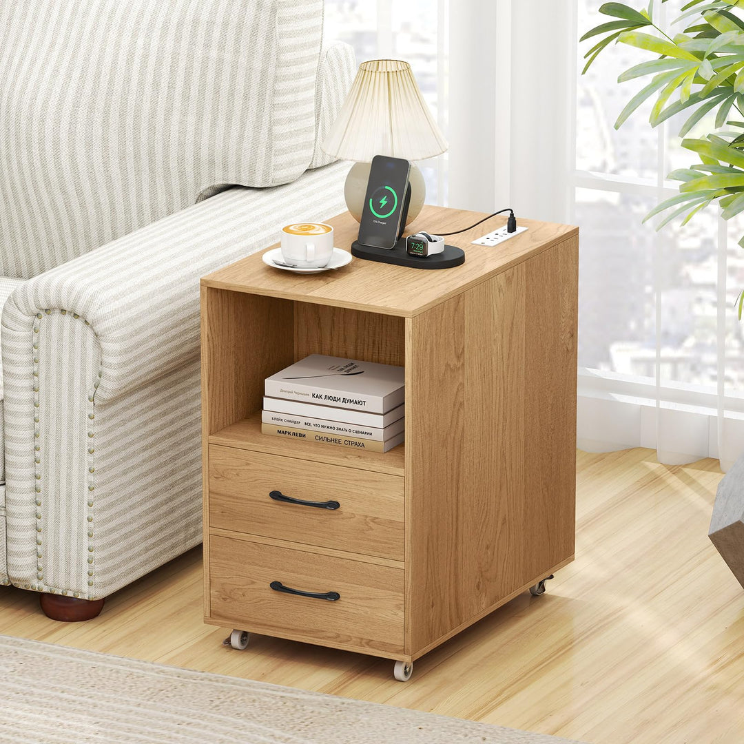 Giantex End Table with Charging Station - Night Stand on Wheels