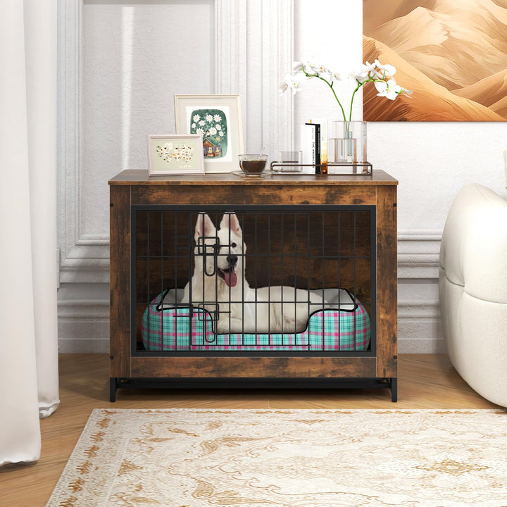 Giantex Dog Crate Furniture - Dog Kennel Side Table with Double Doors &amp; Removable Pull-Out Tray
