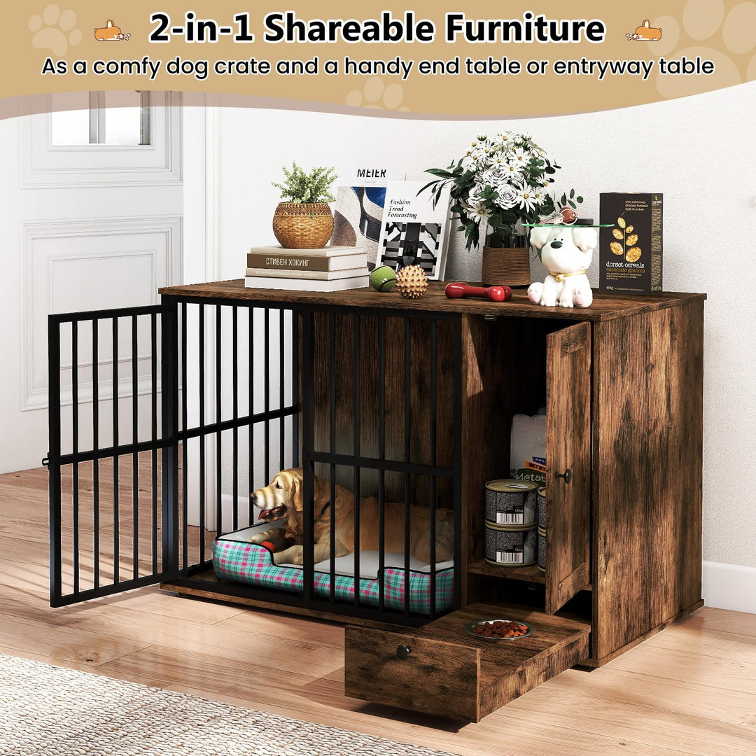 Giantex 47.5" Dog Crate Furniture with Hidden Feeding Drawer &amp; Side Storage Cabinet