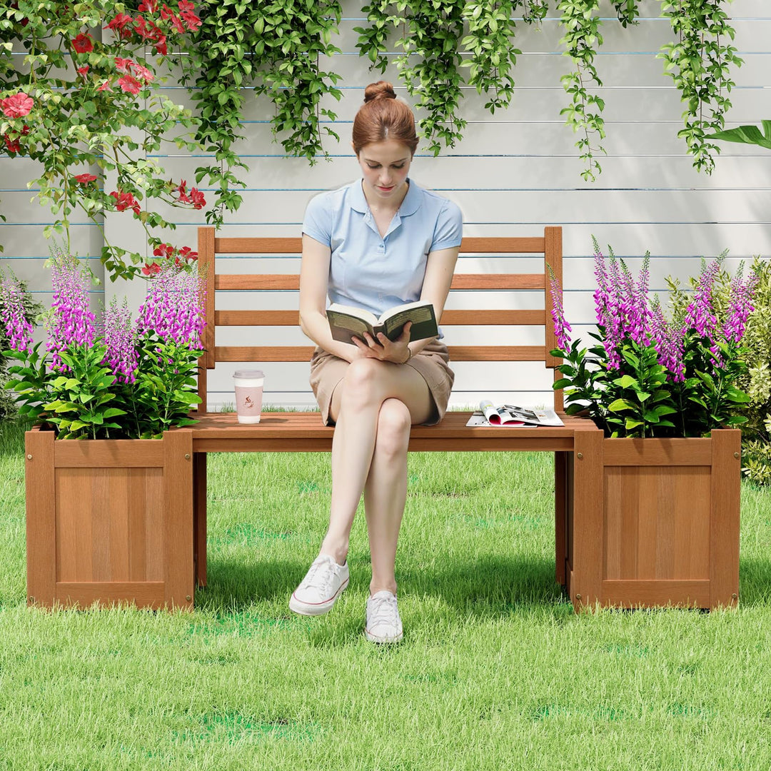 Giantex 2-in-1 Outdoor Bench with Backrest &amp; 2 Raised Garden Beds