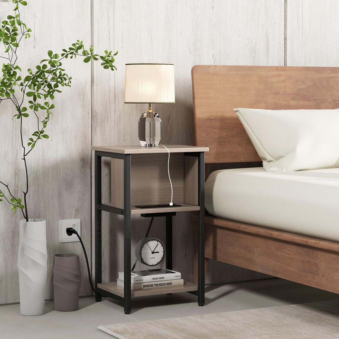 Giantex Nightstand with Charging Station, 3-Tier End Table with USB Ports &amp; Power Outlets