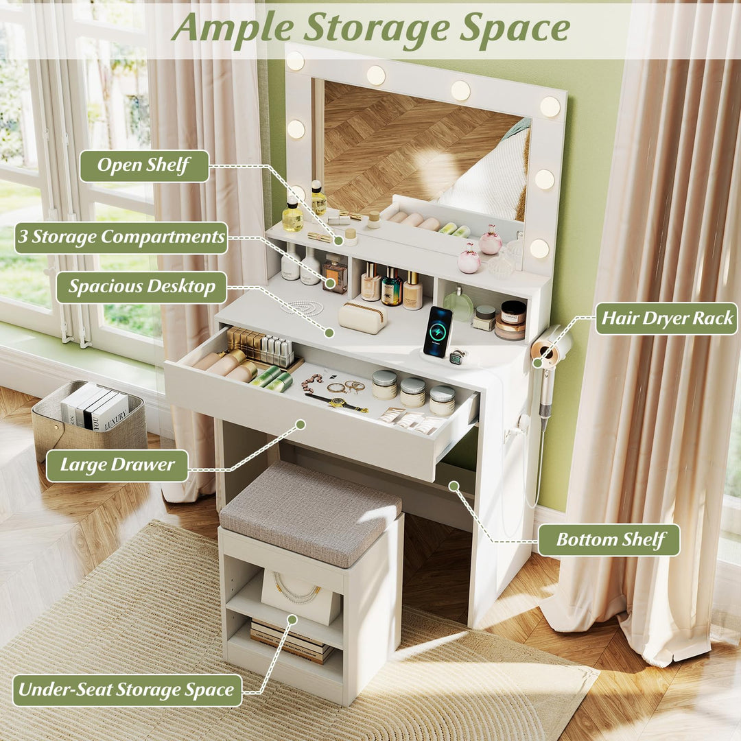 CHARMAID 31.5 Inches Vanity Desk with 3 Lighting Modes and Storage Shelves