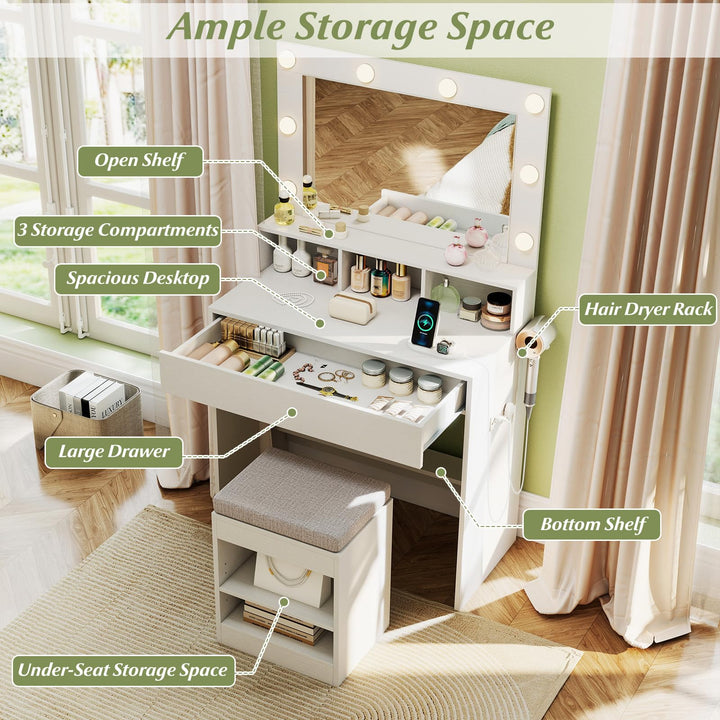 CHARMAID 31.5 Inches Vanity Desk with 3 Lighting Modes and Storage Shelves