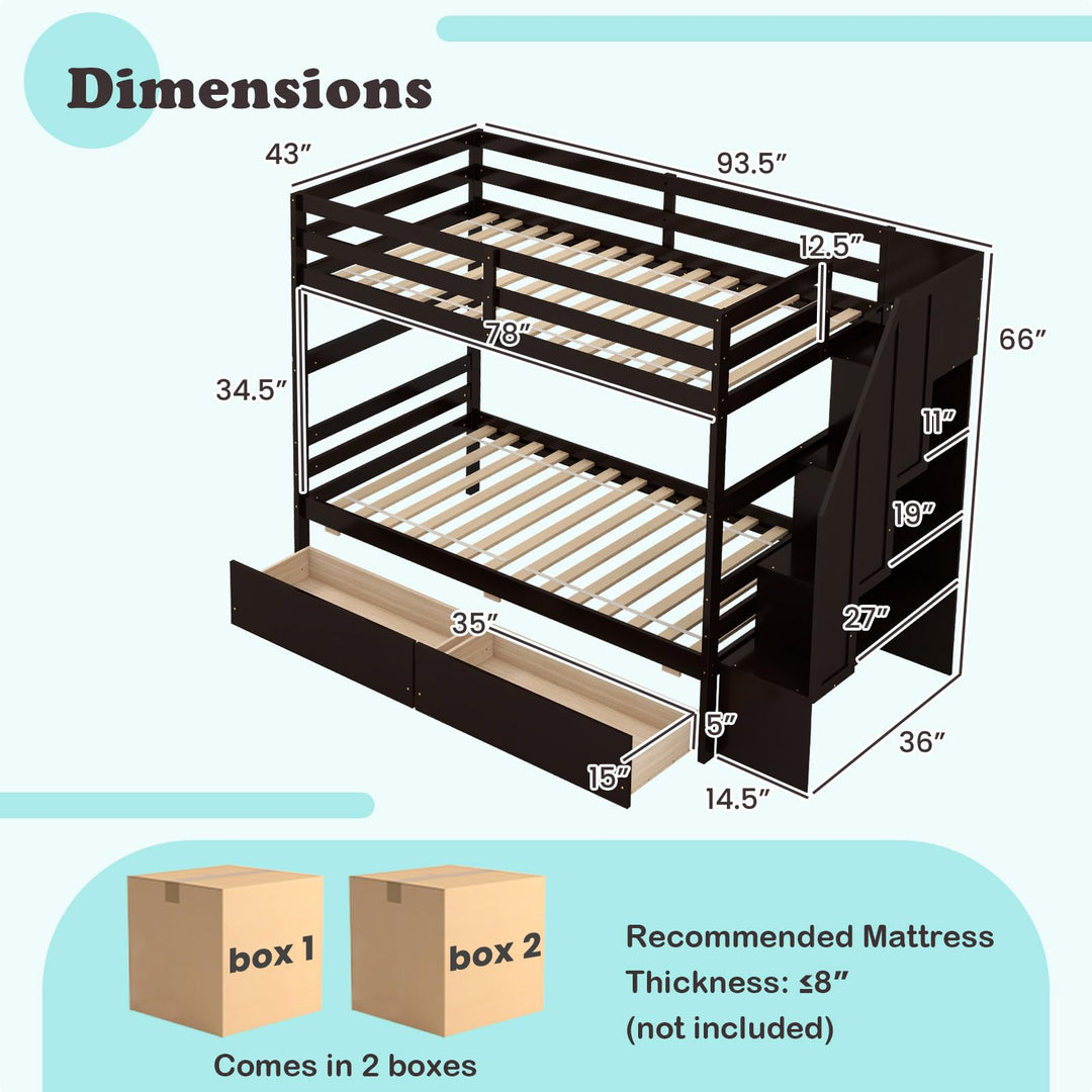 Giantex Bunk Bed Twin Over Twin with Storage Stairs &amp; Drawers, Solid Wood Bunk Bed with Full-Length Guardrails