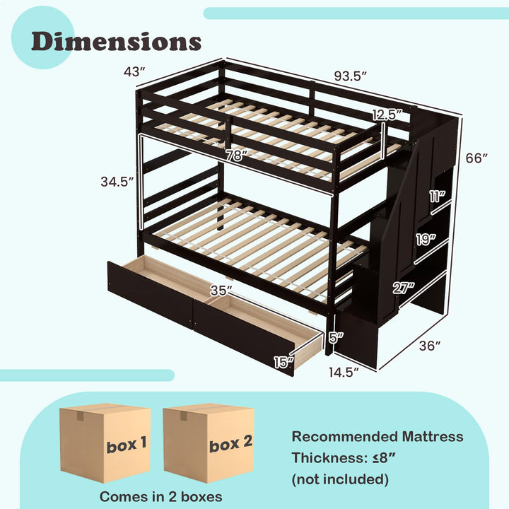 Giantex Bunk Bed Twin Over Twin with Storage Stairs &amp; Drawers, Solid Wood Bunk Bed with Full-Length Guardrails