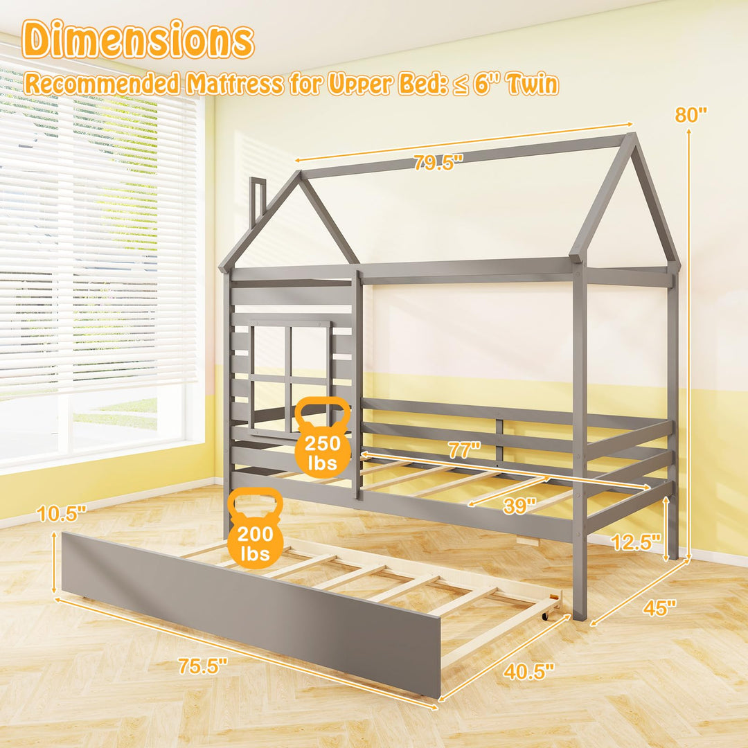 Giantex Twin House Bed with Trundle Bed Twin, Wooden Twin Bed Frames with Roof, Chimney &amp; Window