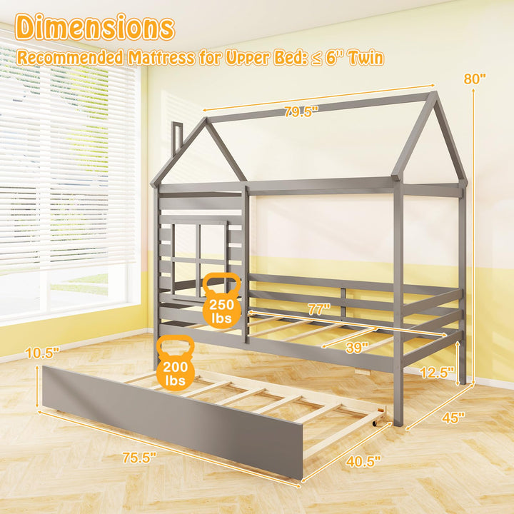 Giantex Twin House Bed with Trundle Bed Twin, Wooden Twin Bed Frames with Roof, Chimney &amp; Window